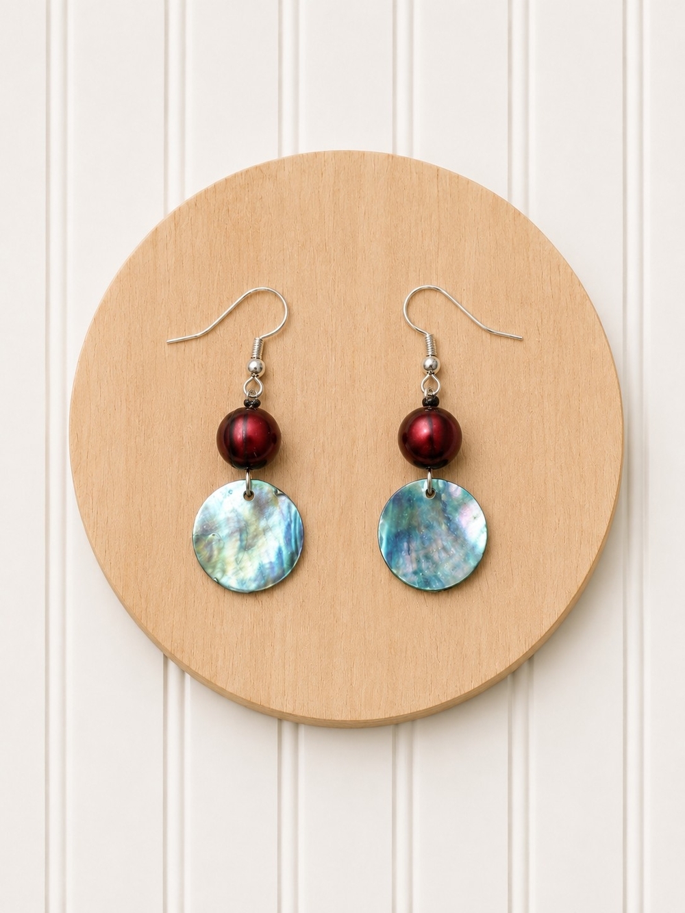 Red Fresh Water Pearl and Abalone Shell Disc Drop Earrings